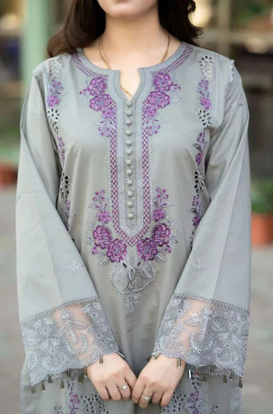 Mushq Embroidered Lawn Suit Grey with Chikenkari Dupatta