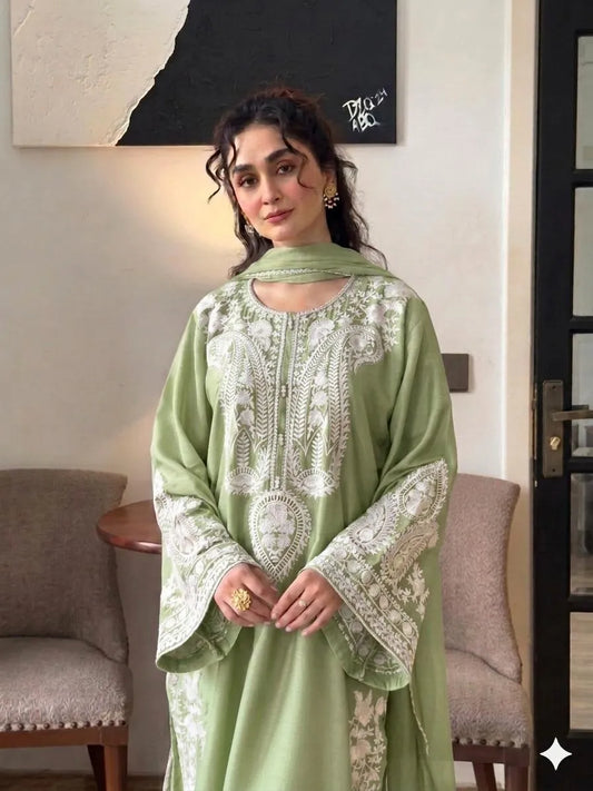 Green Embroidered 3PC Lawn Suit with Digital Printed Voil Dupatta