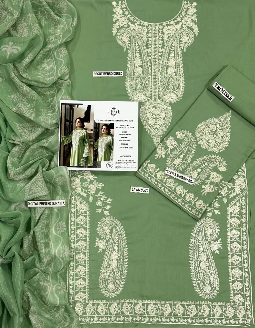 Green Embroidered 3PC Lawn Suit with Digital Printed Voil Dupatta