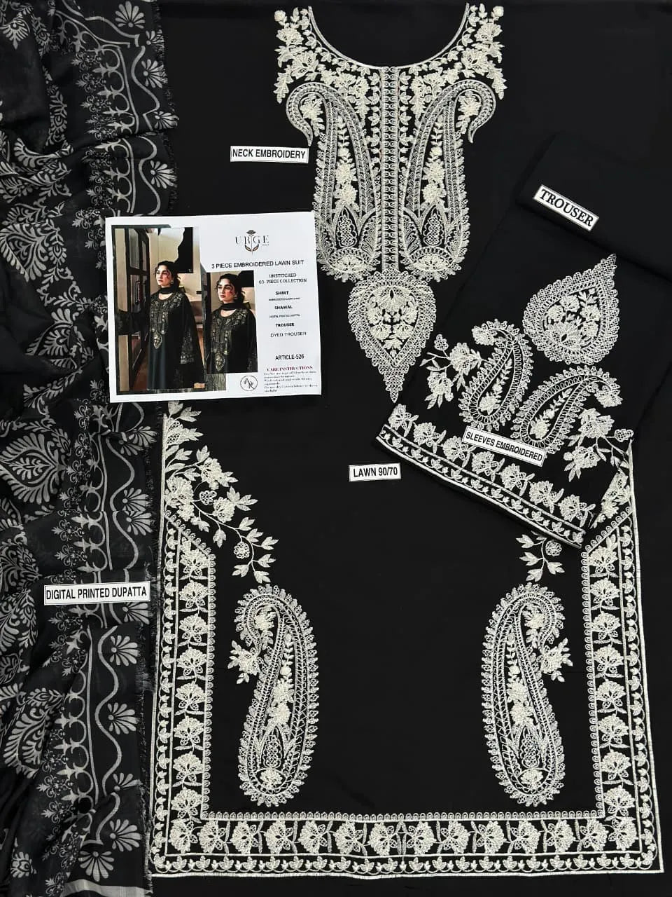 Black Embroidered 3PC Lawn Suit with Digital Printed Voil Dupatta