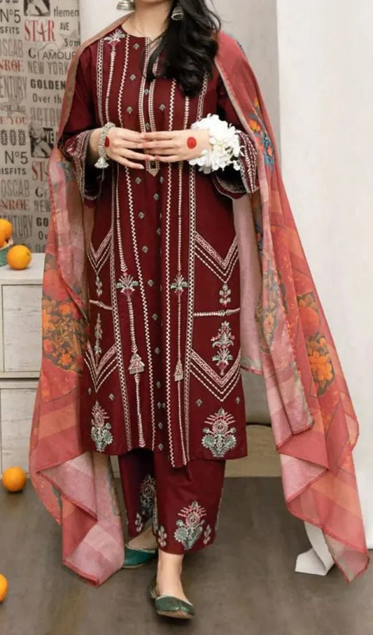 Pure Lawn 3PC Embroidered Suit Red with Digital Printed Voil Dupatta