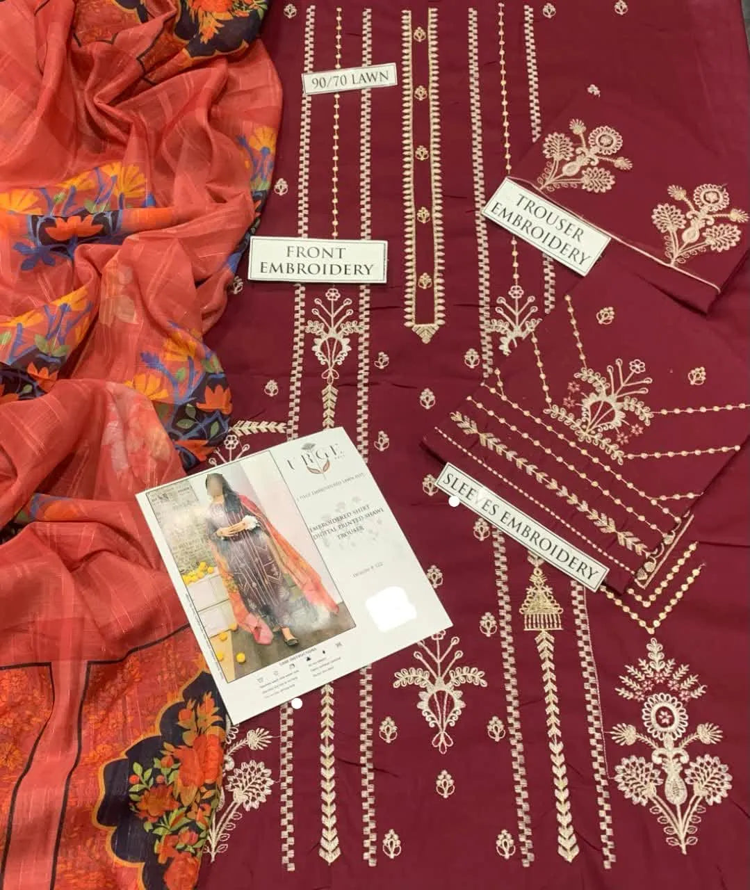 Pure Lawn 3PC Embroidered Suit Red with Digital Printed Voil Dupatta