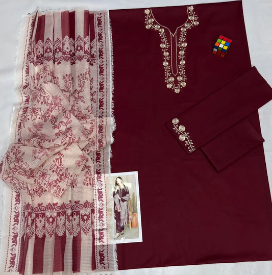 3 Pcs Women's Unstitched Embroidered Suit