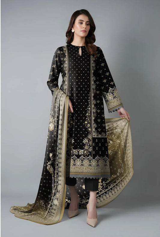 Black Printed Dobby Lawn 3Pcs Kurta Set