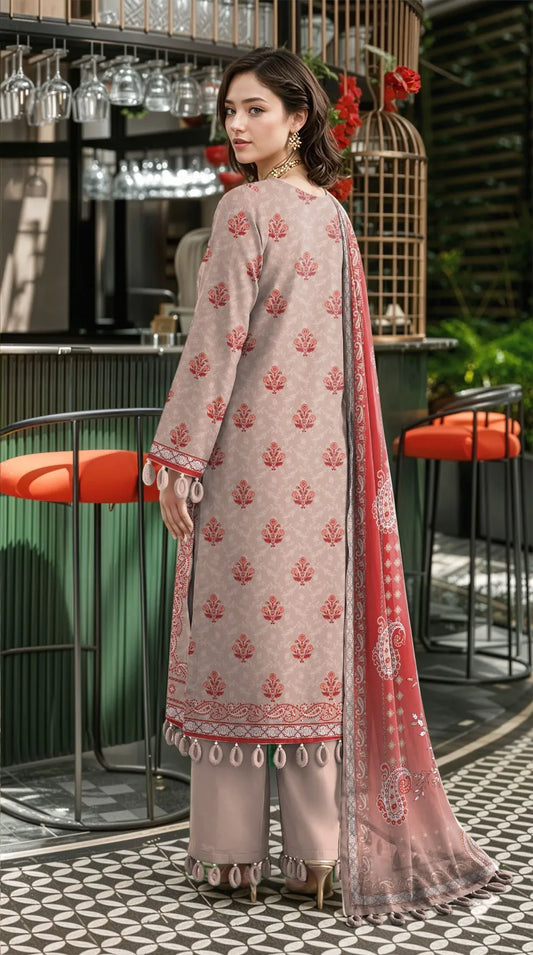 Peach Printed Lawn 3Pcs Set for Women