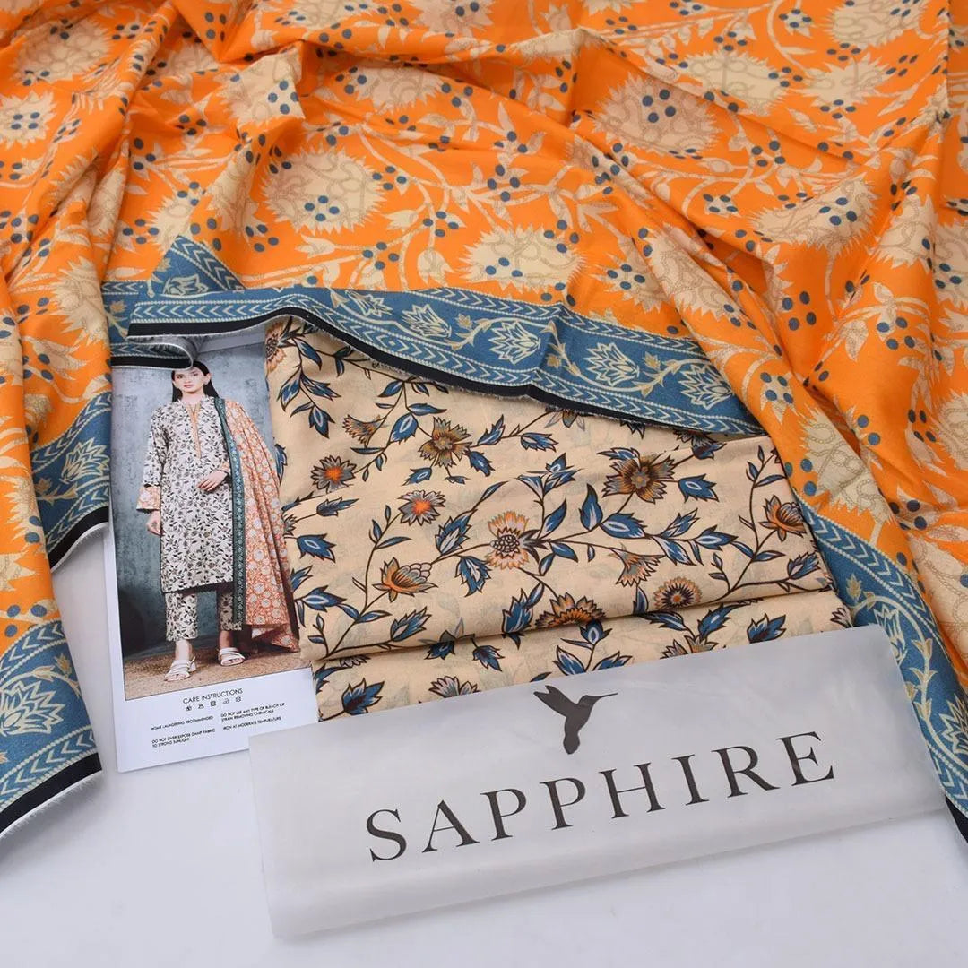 Sapphire Unstitched Printed Lawn Suit Orange Dupatta