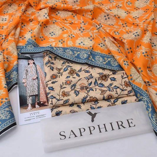 Sapphire Unstitched Printed Lawn Suit Orange Dupatta