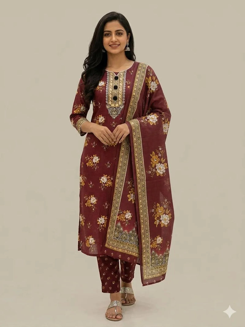 Maroon Swiss Lawn 3Pcs Printed Lawn Suit