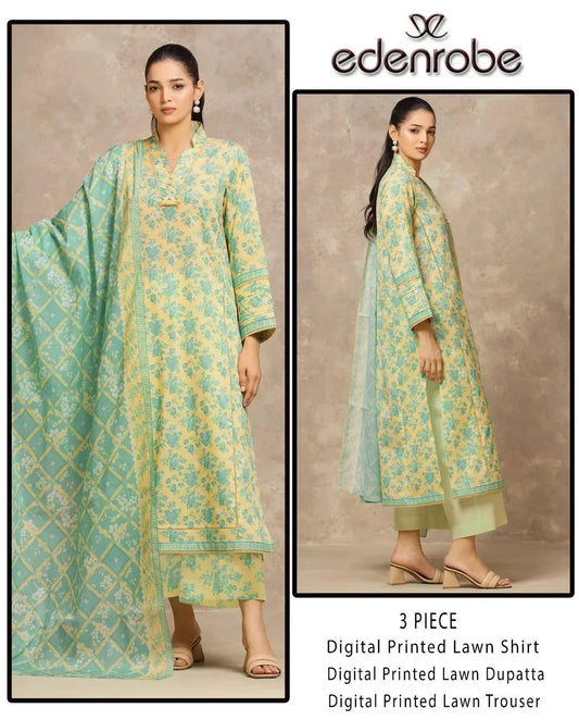 Edenrobe 3 Piece Digital Printed Lawn Suit Yellow