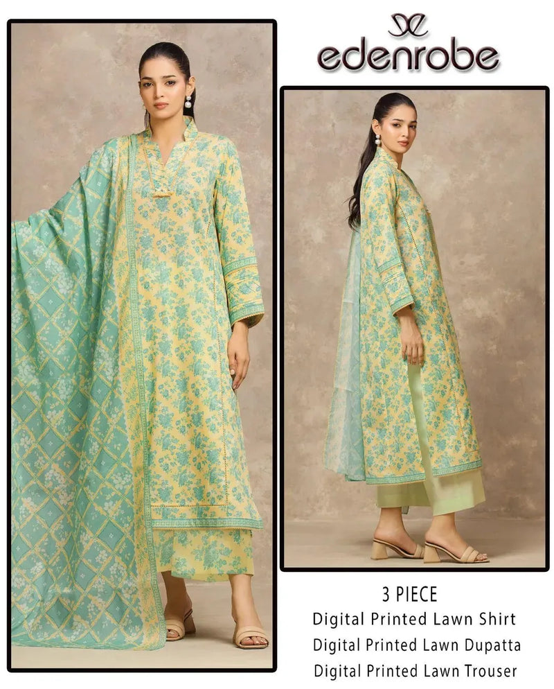 Edenrobe 3 Piece Digital Printed Lawn Suit Yellow