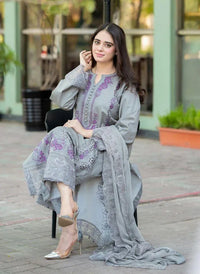 Mushq Embroidered Lawn Suit Grey with Chikenkari Dupatta