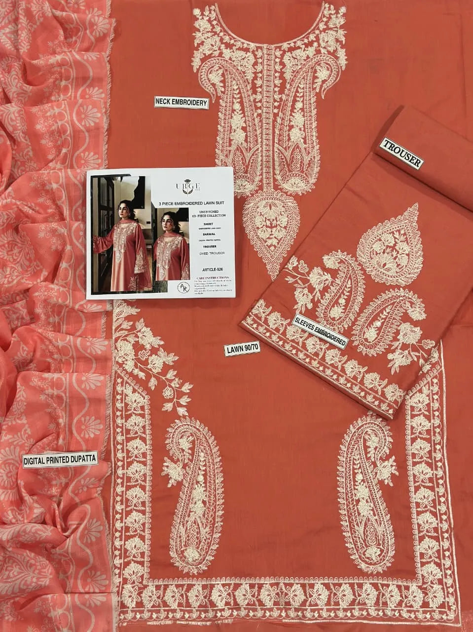 Summer Embroidered Lawn 3PC Suit Peach Orange