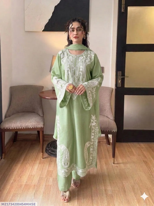 Green Embroidered 3PC Lawn Suit with Digital Printed Voil Dupatta
