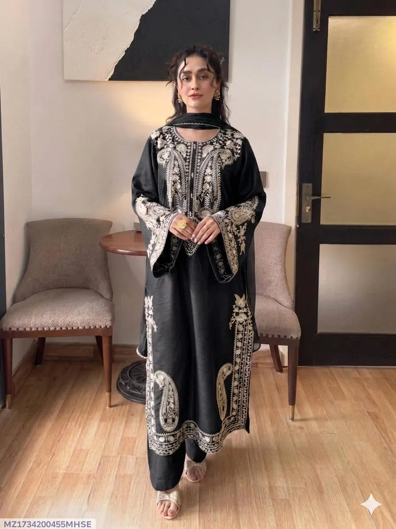 Black Embroidered 3PC Lawn Suit with Digital Printed Voil Dupatta