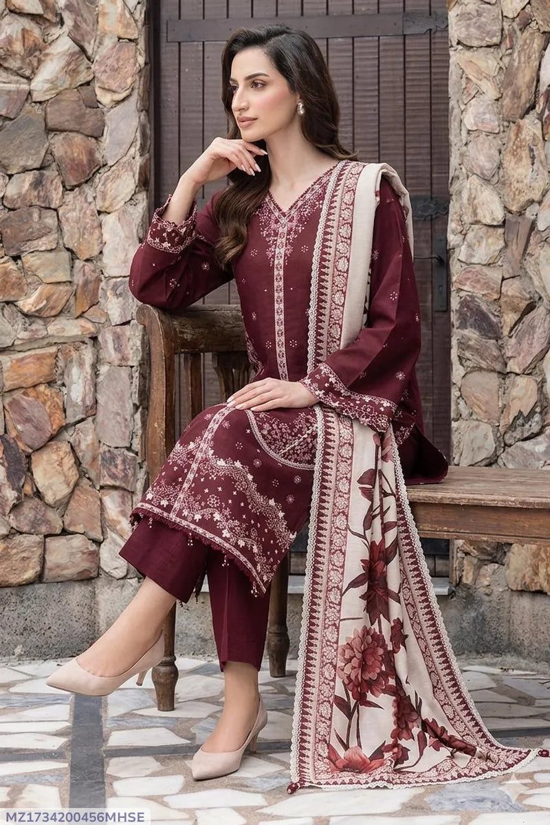 Maroon Embroidered 3PC Lawn Suit with Digital Printed Voil Dupatta