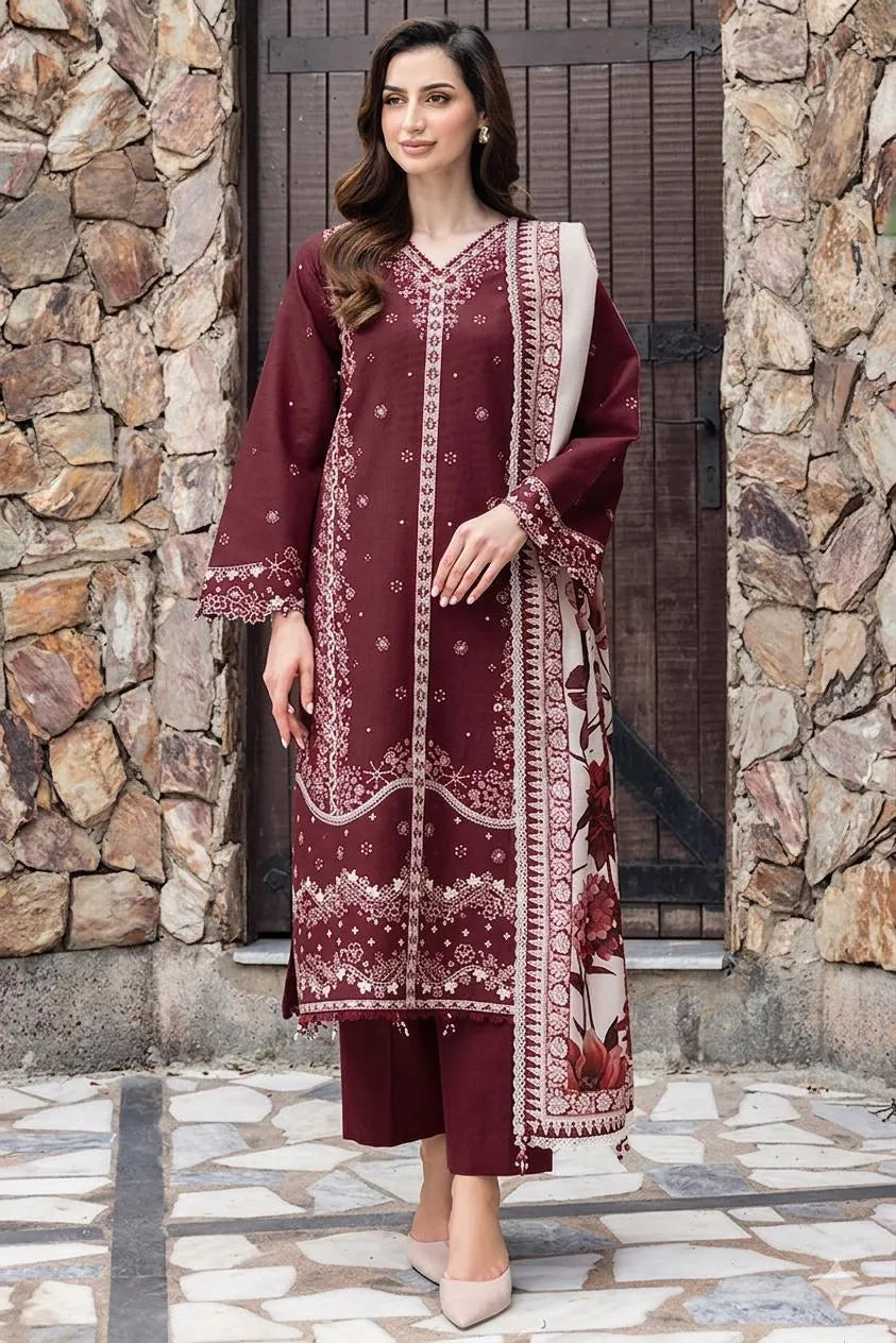 Maroon Embroidered 3PC Lawn Suit with Digital Printed Voil Dupatta
