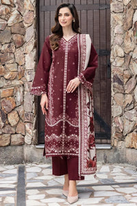 Maroon Embroidered 3PC Lawn Suit with Digital Printed Voil Dupatta