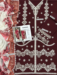 Maroon Embroidered 3PC Lawn Suit with Digital Printed Voil Dupatta