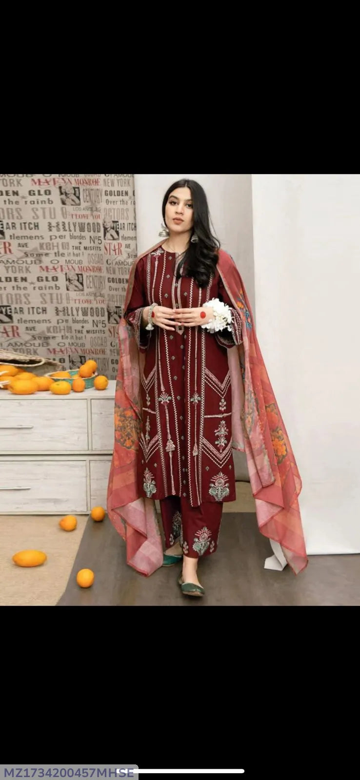 Pure Lawn 3PC Embroidered Suit Red with Digital Printed Voil Dupatta