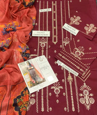 Pure Lawn 3PC Embroidered Suit Red with Digital Printed Voil Dupatta
