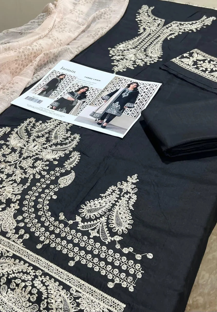Black Embroidered Kurta Set with Beige Shawl for Women