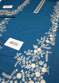 Unstitched Lawn Suit Blue Gold Embroider