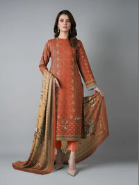 Orange Printed Dobby Lawn 3Pcs Suit Set
