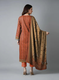 Orange Printed Dobby Lawn 3Pcs Suit Set