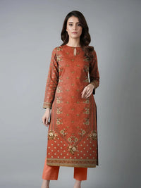 Orange Printed Dobby Lawn 3Pcs Suit Set