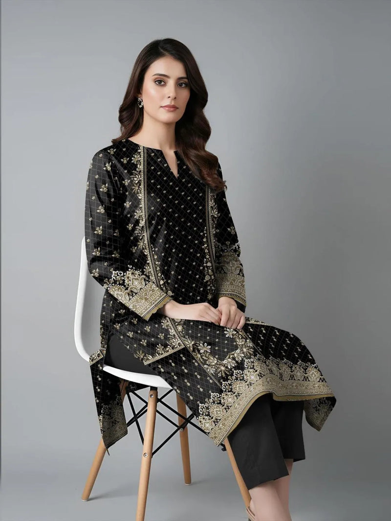 Black Printed Dobby Lawn 3Pcs Kurta Set