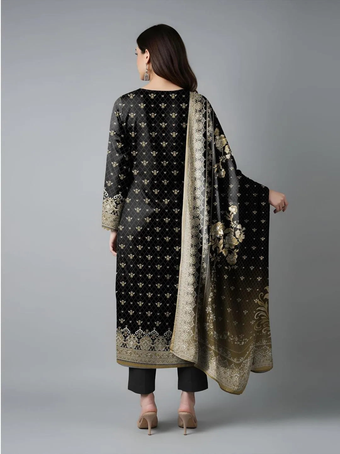 Black Printed Dobby Lawn 3Pcs Kurta Set