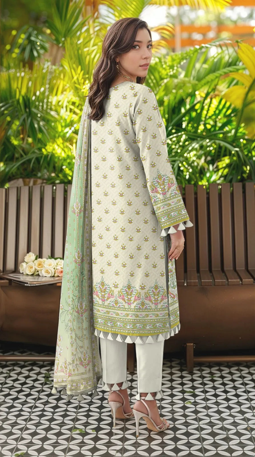 Off White Printed Lawn 3Pcs Women Suit Set