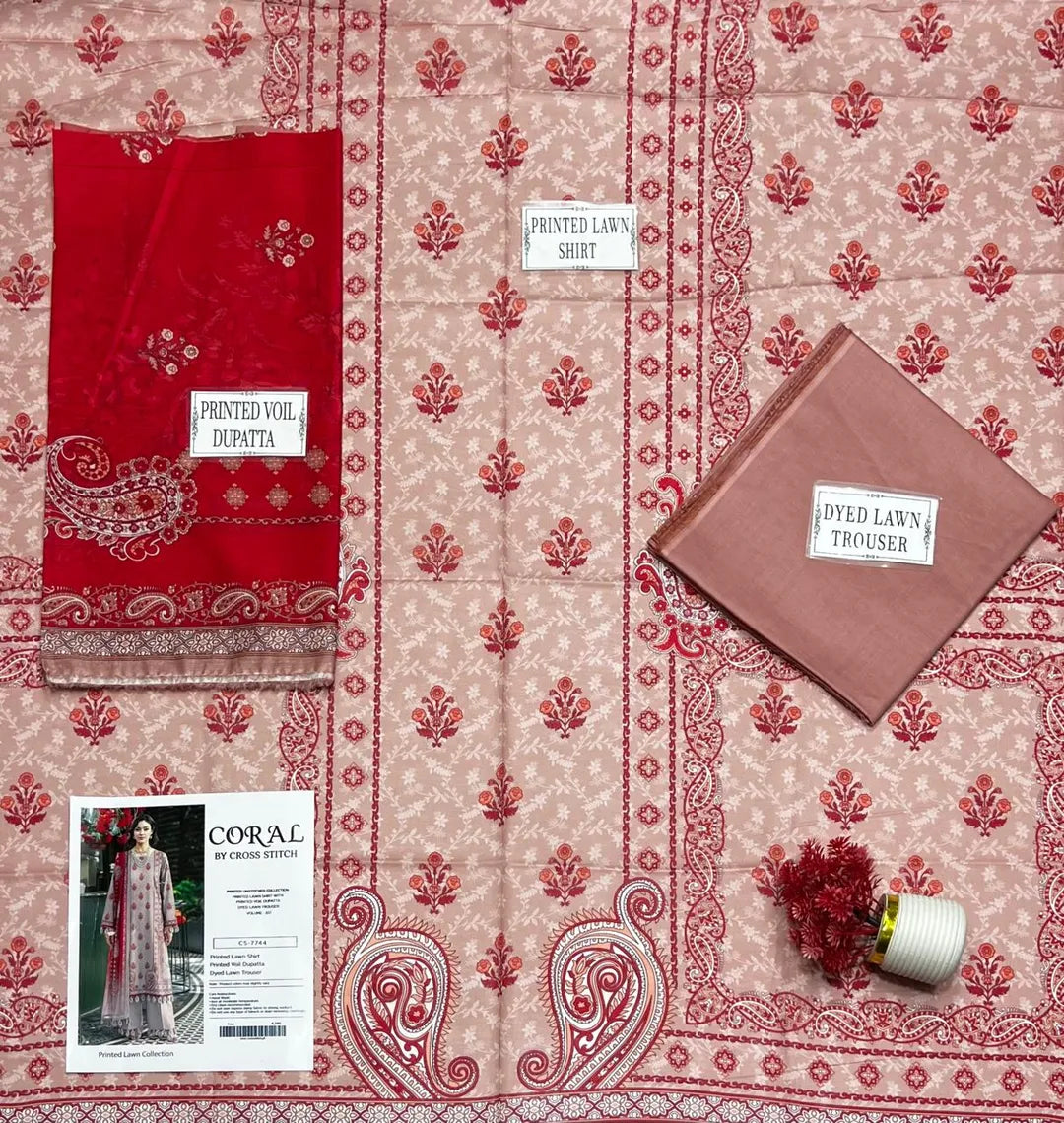 Peach Printed Lawn 3Pcs Set for Women