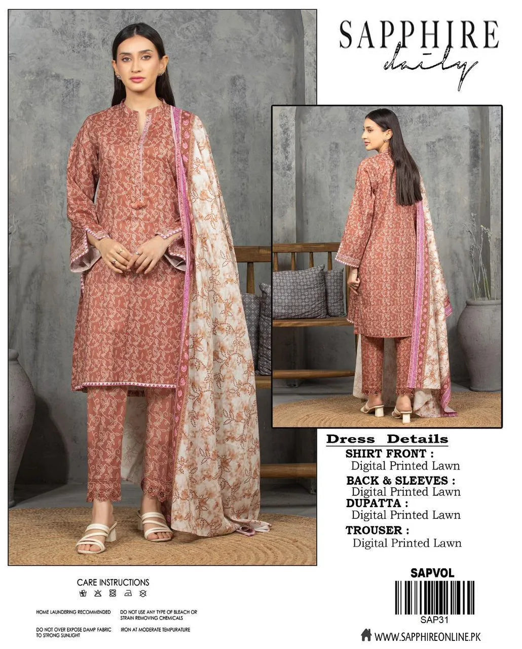 Sapphire Unstitched Printed Lawn Suit Orange Floral 3Pc