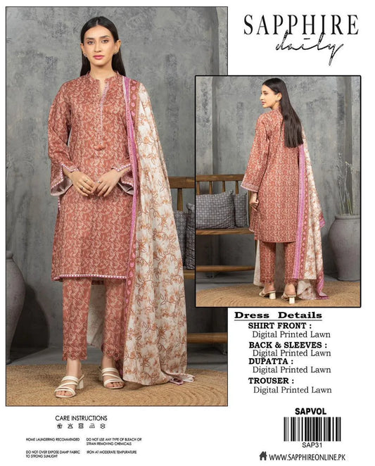 Sapphire Unstitched Printed Lawn Suit Orange Floral 3Pc