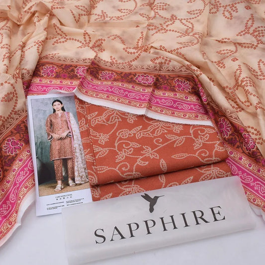 Sapphire Unstitched Printed Lawn Suit Orange Floral 3Pc