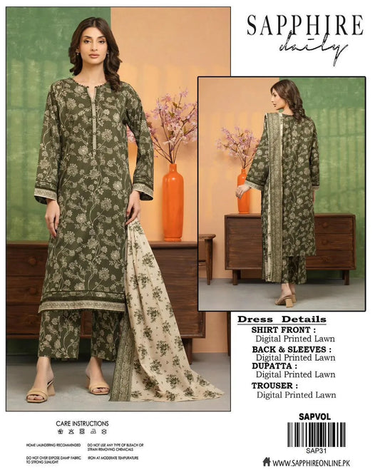 Sapphire Women's Digital Printed Lawn 3-Piece Suit Green