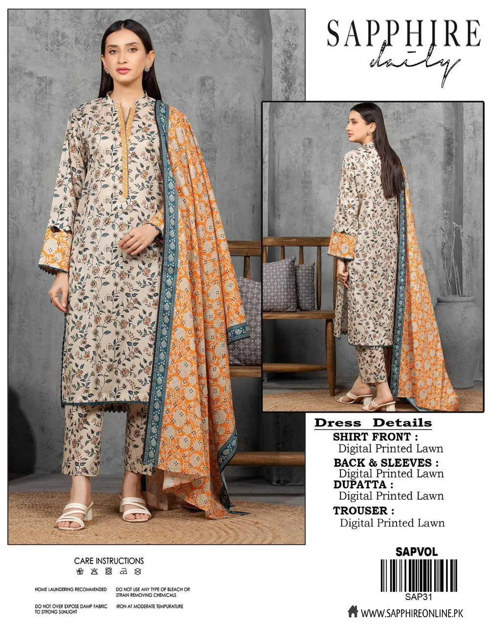 Sapphire Unstitched Printed Lawn Suit Orange Dupatta