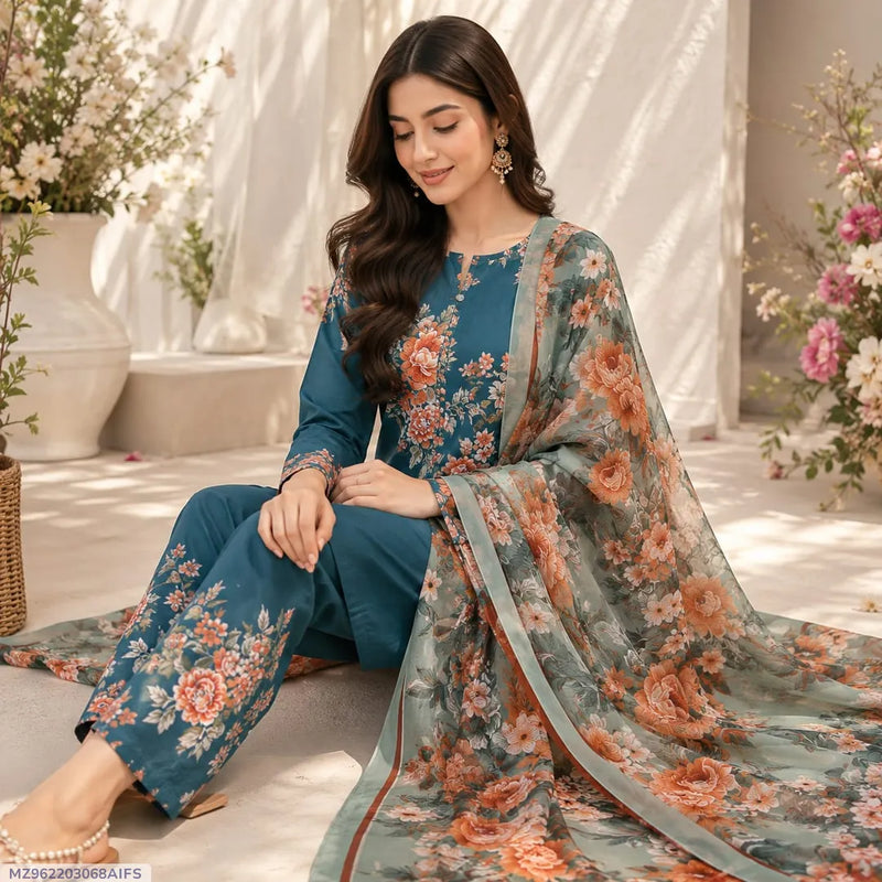 Green Printed Lawn 3Pcs Suit for Women